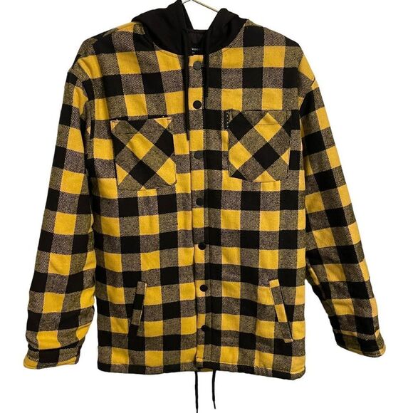 Saint Morta Mens Hooded Flannel Shirt Jacket Yellow Black Buffalo Plaid Small